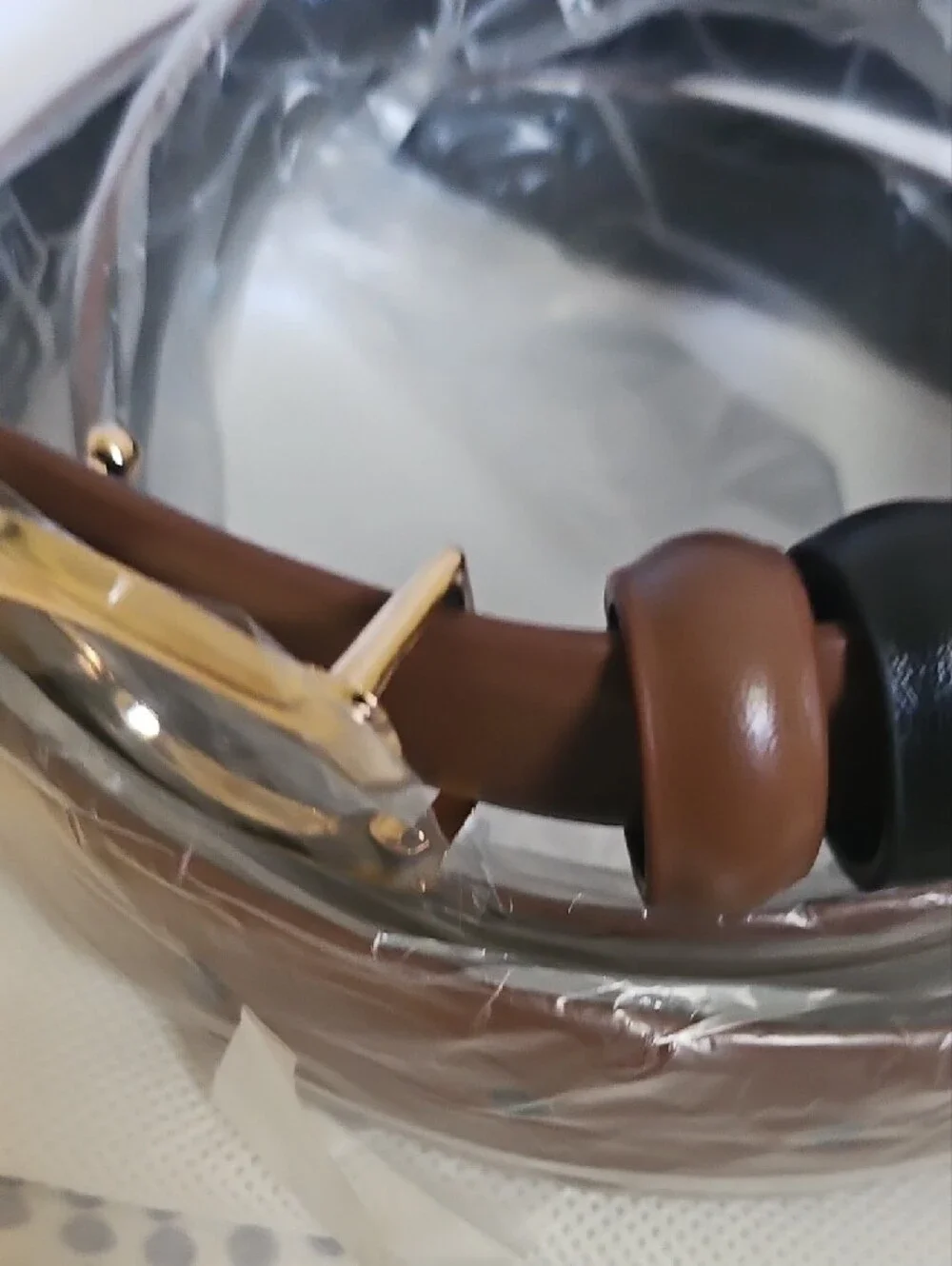 Brown Black Leather Belt with Gold C-Shaped Buckle